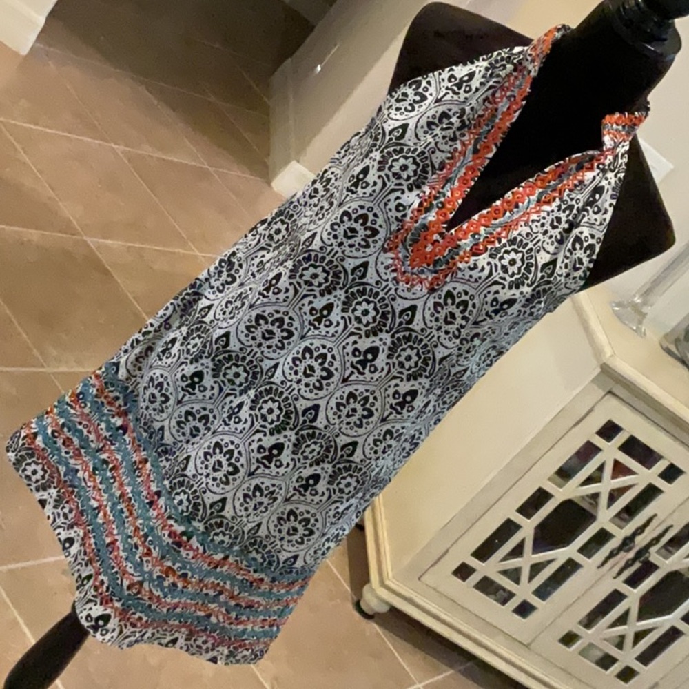 THML pullover dress, black/white with burnt orange/blue embroidery, size small